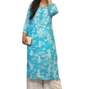 Cotton Blend Straight Chickenkari Kurti(Blue)