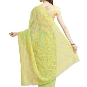 Handmade Chickenkari Saree With Unstitched Blouse(Green)