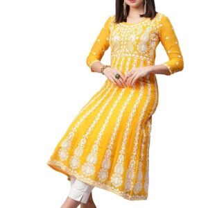 Women’s Georgette Chickenkari Anarkali Kurti(Yellow)