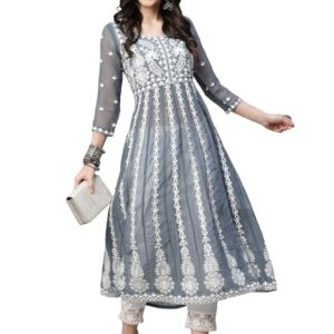 Georgette Chickenkari Embroidered Anarkali Kurti(Dark Grey)