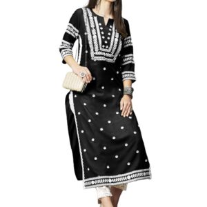 Cotton Blend Straight Chickenkari Kurti(Black)