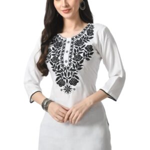 Lucknowi  Chickenkari Embroidered Short Kurti, Tunic design(White)