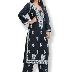 Cotton Blend Embroidered Straight Kurti (Black)