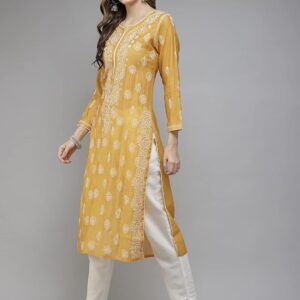 Cotton Blend Straight Chickenkari Kurti(Mustard)