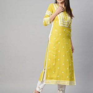 Lucknowi  Chickenkari Embroidered Short Kurtis, Tunic design(Yellow)