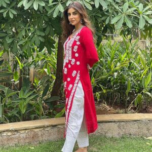 Cotton Blend Straight Chickenkari Kurti(Red)